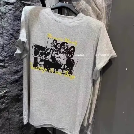 韩国东大门夏季新款美式复古宽松显瘦字母人像印花垫肩短袖T恤女商品大图