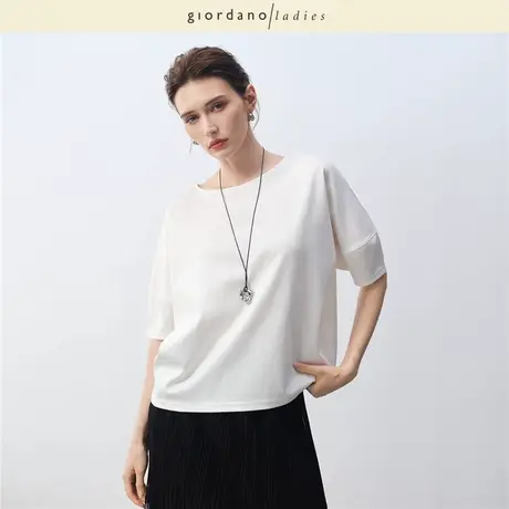 GL2025夏季新款中袖t恤女丝光棉极简圆领灯笼袖宽松上衣02325023商品大图