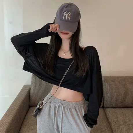 宽松爵士舞蹈服jazz上衣轻薄款微透视短款配高腰裤长袖黑色t恤女图片