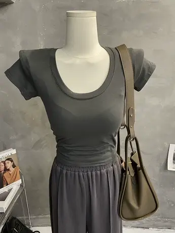 基础款～简约圆领短袖t恤女2023新款黑色修身半袖体恤紧身上衣夏商品大图