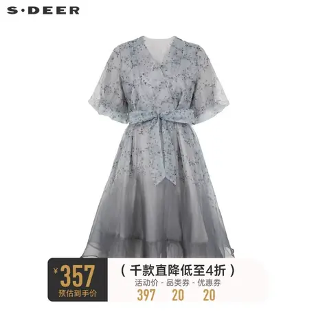 sdeer圣迪奥碎花连衣裙V领收腰网纱泡泡袖长裙S223Z12F7商品大图