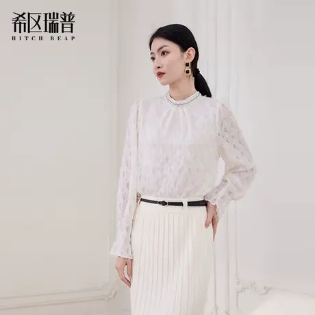 【希区瑞普】2025春季重工珍珠立领毛须须薄款套头网纱蕾丝衫上衣商品大图