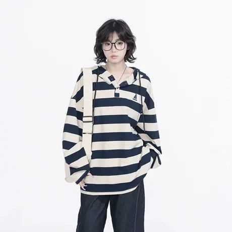 复古条纹连帽卫衣女春季2025新款宽松长袖外套美式街头潮牌连帽衫商品大图