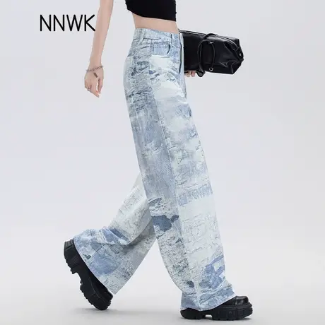 水墨扎染阔腿裤牛仔裤女2025新款夏季薄款休闲高腰显瘦休闲直筒裤商品大图