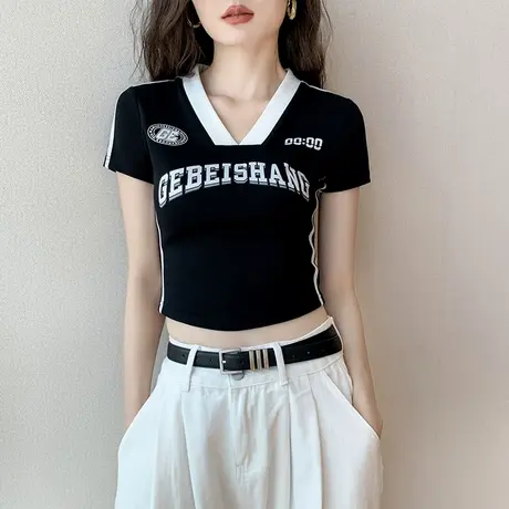美式V领短袖t恤女夏季美式修身显瘦正肩字母印花运动高腰上衣短款图片