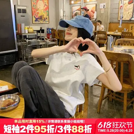 韩系简约风纯棉百搭花灰色短袖t恤女小众超火宽松打底衫半袖上衣商品大图