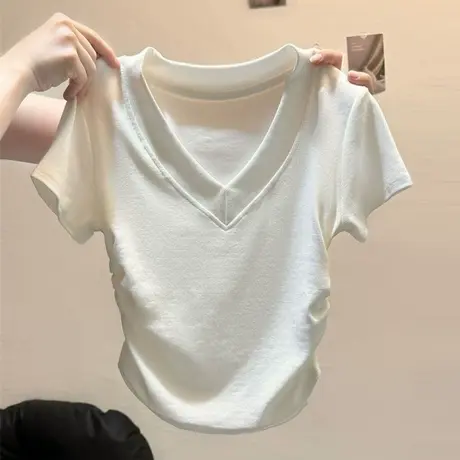 辣妹褶皱收腰短袖T恤女夏季修身韩版打底衫内搭短款V领正肩上衣服图片