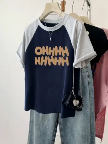 国潮短袖女chic复古印花设计感t恤夏季学生插肩袖潮牌ins纯棉上衣商品大图