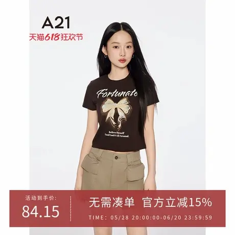 A21女装印花字母蝴蝶结圆领T恤2025夏季新款简约短款修身短袖上衣图片