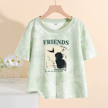 KMV真维斯扎染纯棉短袖t恤女2025新款夏季设计感短款大码内搭上衣商品大图