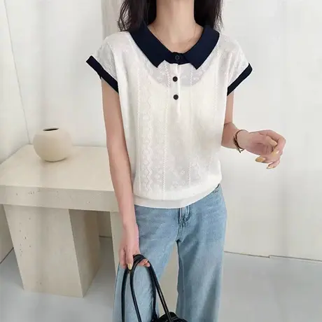 夏季白色薄款polo衫t恤女2025新款爆款针织冰丝短袖独特漂亮上衣商品大图
