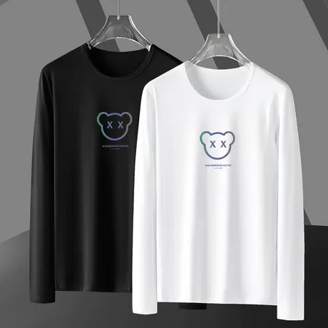 莫代尔秋季长袖t恤男潮牌潮流小熊印花白色上衣服内搭打底衫秋衣商品大图