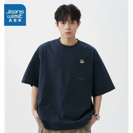 D4真维斯男装2025夏季新款 美式潮流口袋刺绣宽松纯棉短袖T恤男商品大图