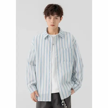 回力日系浅色条纹衬衫外套男士春秋季宽松休闲少年感男生长袖衬衣图片