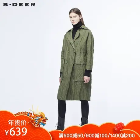 sdeer圣迪奥个性褶皱肌理面料夸张贴袋装饰双排扣长外套S18381869图片