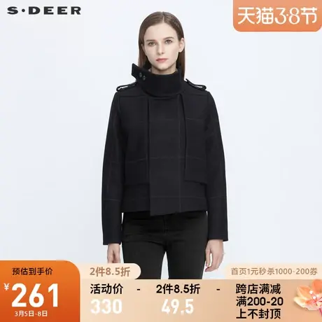 sdeer圣迪奥冬季通勤时尚立领格纹拼接毛呢短款外套女S20482221图片