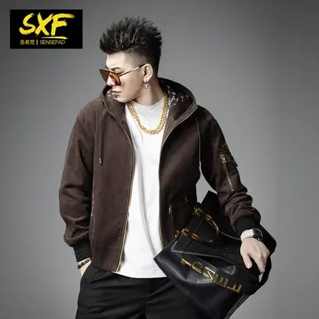 SXF圣希梵夹克男 灯芯绒2024春季新款连帽咖色上衣服休闲男士外套商品大图
