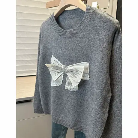 气质蝴蝶结毛衣女2025年春装新款圆领套头长袖内搭洋气针织衫上衣商品大图