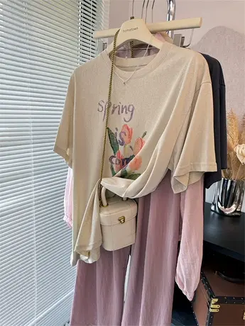 中长款过臀宽松显瘦油画风复古字母花朵印花雪花棉短袖T恤女薄商品大图