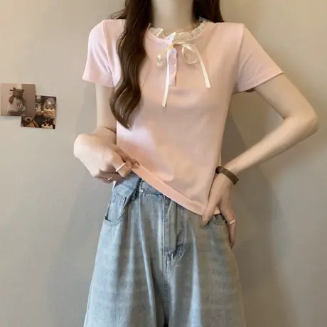 蕾丝蝴蝶结拼接假两件短袖T恤女夏季洋气韩版修身粉色少女感上衣图片