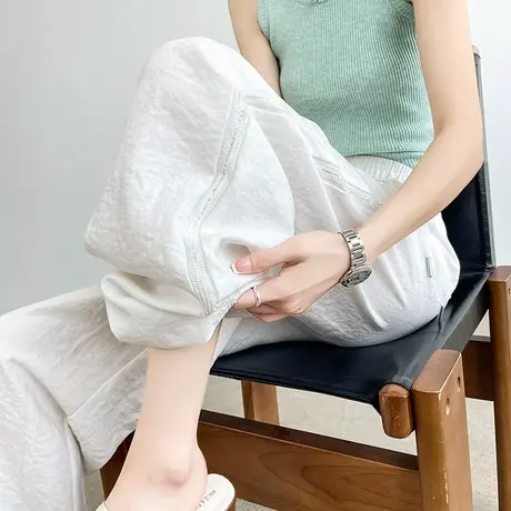 棉麻亚麻休闲裤女夏季薄款高腰宽松显瘦防晒垂感米白色直筒阔腿裤商品大图
