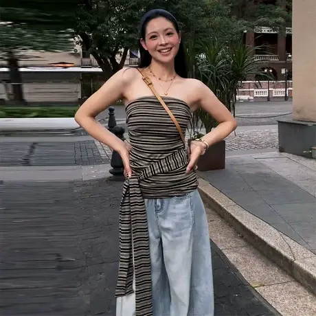 复古撞色条纹露背抹胸背心女夏季绑带修身无袖外穿设计感辣妹上衣图片