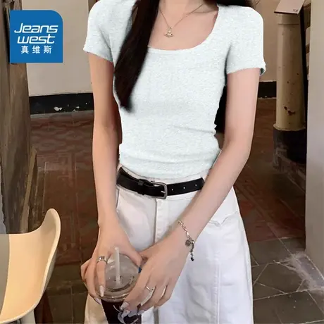 KMV真维斯白色u领短袖t恤女2025夏季新款短款纯欲风紧身辣妹体恤商品大图