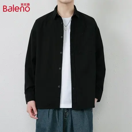 班尼路纯棉长袖衬衫外套男士春秋季翻领半袖上衣宽松休闲工装衬衣图片