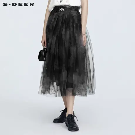 sdeer圣迪奥女装时尚网纱拼接水墨晕染压褶长裙S21261140商品大图