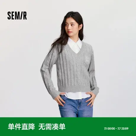 [商场同款]森马毛衣女V领绞花毛衫无袖衬衫2024冬新款宽松两件套商品大图