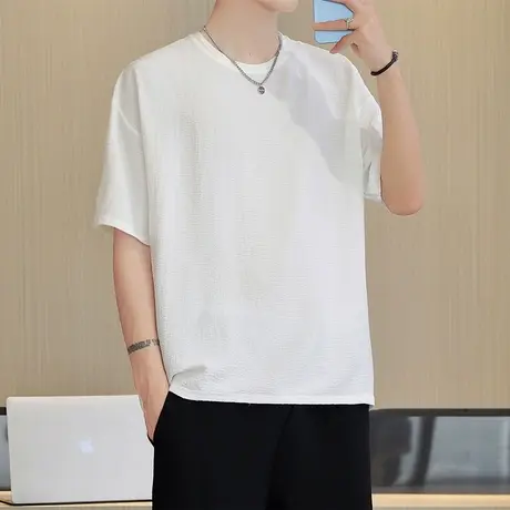 2024夏季天丝棉麻短袖T恤男纯色凉感亚麻白色冰丝透气潮牌款男款商品大图