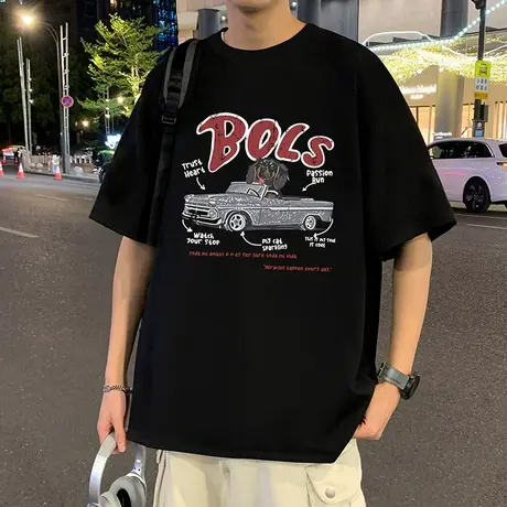 重磅纯棉短袖T恤男夏季2025新款美式休闲大码半袖圆领宽松上衣服图片