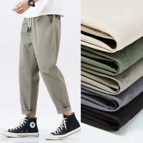 汉斯卡纯棉休闲裤男夏薄款直筒宽松大码青少年纯色简约九分工装裤商品大图