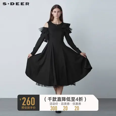 sdeer圣迪奥女秋装圆领波点网纱露肩不规则连衣裙S221Z1273商品大图