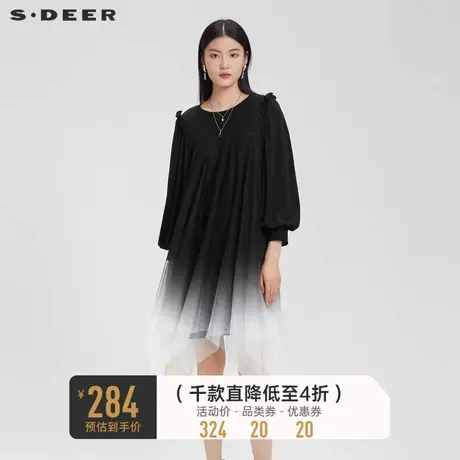 sdeer圣迪奥女装圆领木耳边网纱灯笼袖连衣裙秋季S221Z1297图片