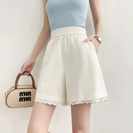 蕾丝花边米白色休闲短裤女夏季薄款高腰宽松显瘦百搭a字阔腿中裤商品大图