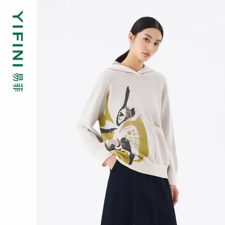 [专柜同款]Yifini/易菲连帽宽松绣花提花套头针织衫女毛织卫衣冬商品大图