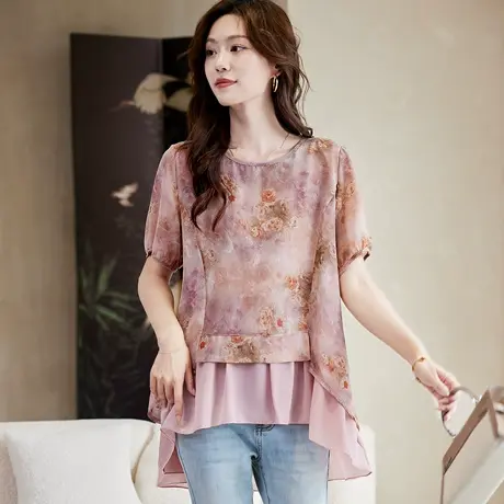 宝诗黎圆领印花拼接短袖雪纺衫2025夏季宽松气质减龄时尚百搭小衫图片