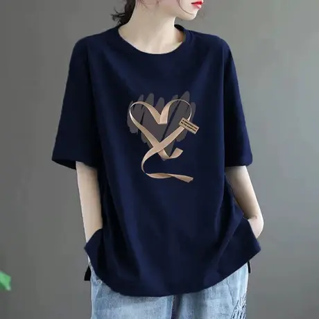 藏蓝色短袖t恤女2025欧货新款夏季爱心印花洋气减龄休闲宽松上衣商品大图