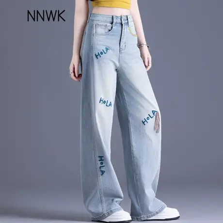 浅蓝色阔腿牛仔裤女2025新款夏季薄款高腰宽松字母刺绣直筒裤长裤商品大图