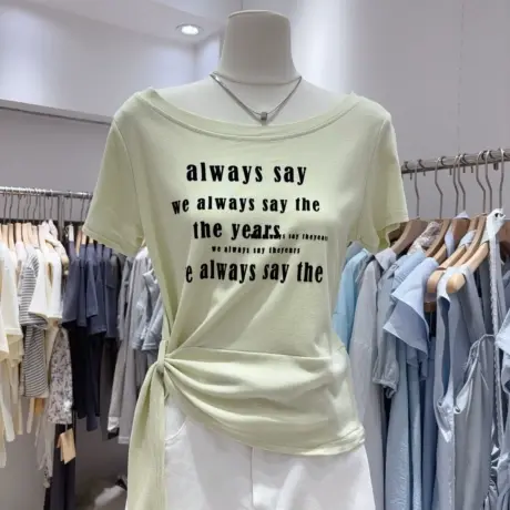 2025夏季新款韩版休闲字母印花扭结不规则圆领宽松短袖T恤女上衣商品大图