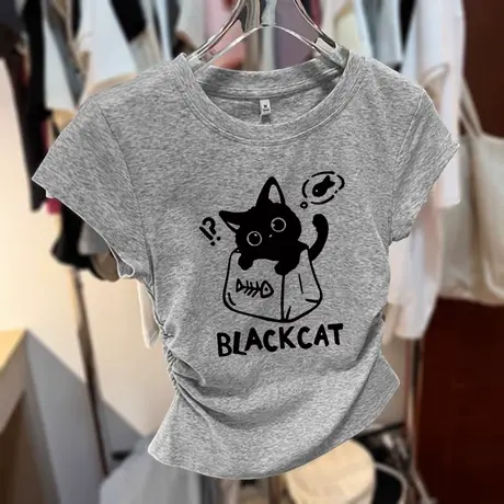 甜酷风短款T恤女夏季大码收腰短袖2024新款美式ins潮牌闺蜜装上衣商品大图