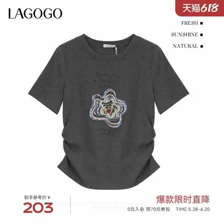 LAGOGO灰色修身花朵T恤女士拉谷谷2025夏新款设计感掐腰显瘦短袖商品大图