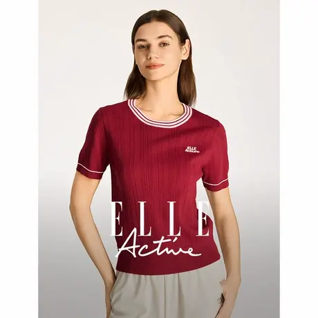 【新品试用】ELLE Active针织衫红色上衣短袖t恤圆领正肩小衫图片