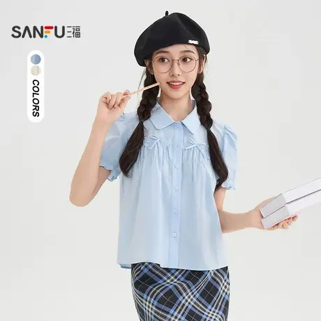 三福短衬衫2025夏季蝴蝶结装饰甜美泡泡袖翻领上衣女装505053商品大图