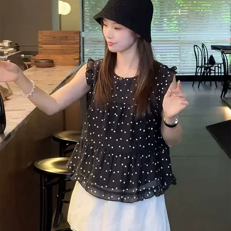 韩系荷叶边飞飞袖小碎花娃娃衫女2025夏季新款洋气减龄百搭衬衣潮图片