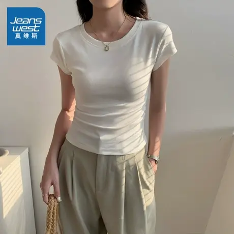 KMV真维斯圆领正肩短袖t恤女夏季2025新款慵懒半袖抽褶内搭短上衣商品大图