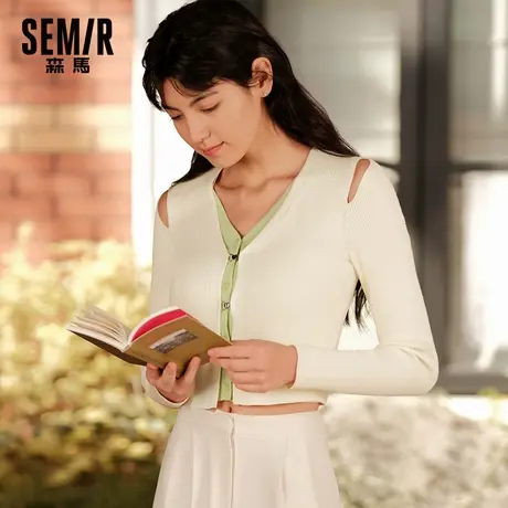 森马针织开衫女短款假两件撞色V领2025秋季新款性感镂空修身毛衫商品大图