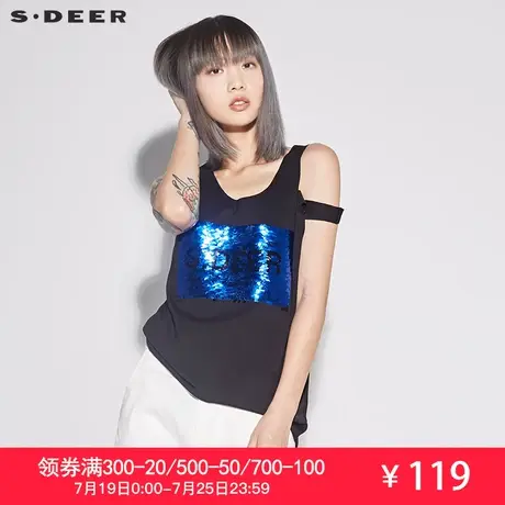 sdeer 圣迪奥 女装时尚愫黑圆领挖肩亮片装饰无袖背心S17280306图片