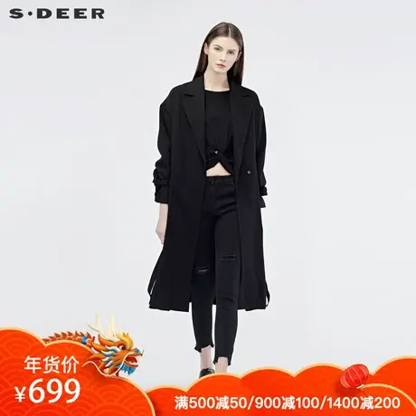 sdeer圣迪奥2019秋女装新款平驳领收腰飘带长款风衣S19161806图片